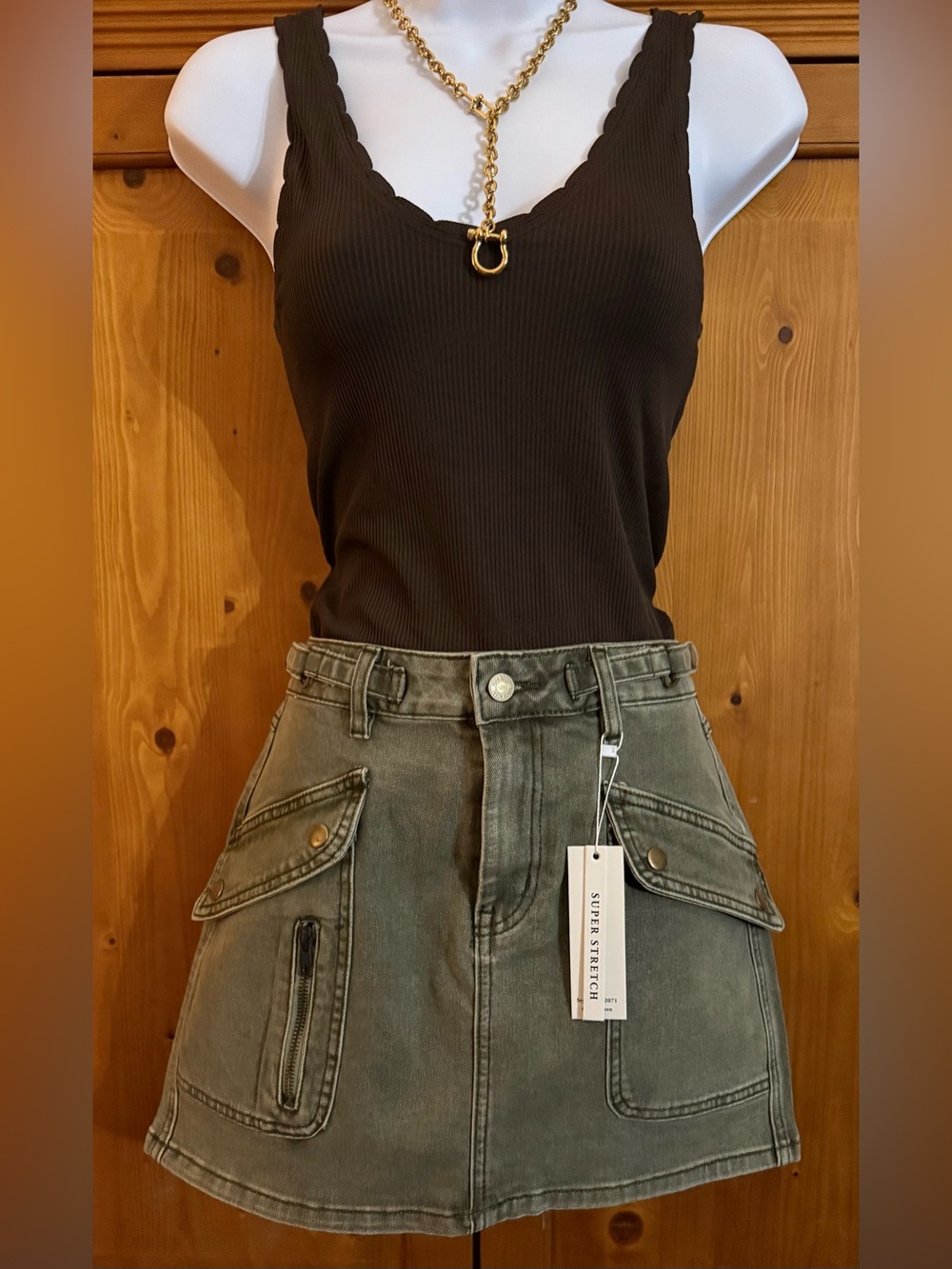 Nina Rossi Olive Cargo Utility Skirt with Front Pockets NWT